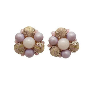 Western Germany Pink Purple Faux Pearl Cluster Earrings Clip Gold Tone Vintage